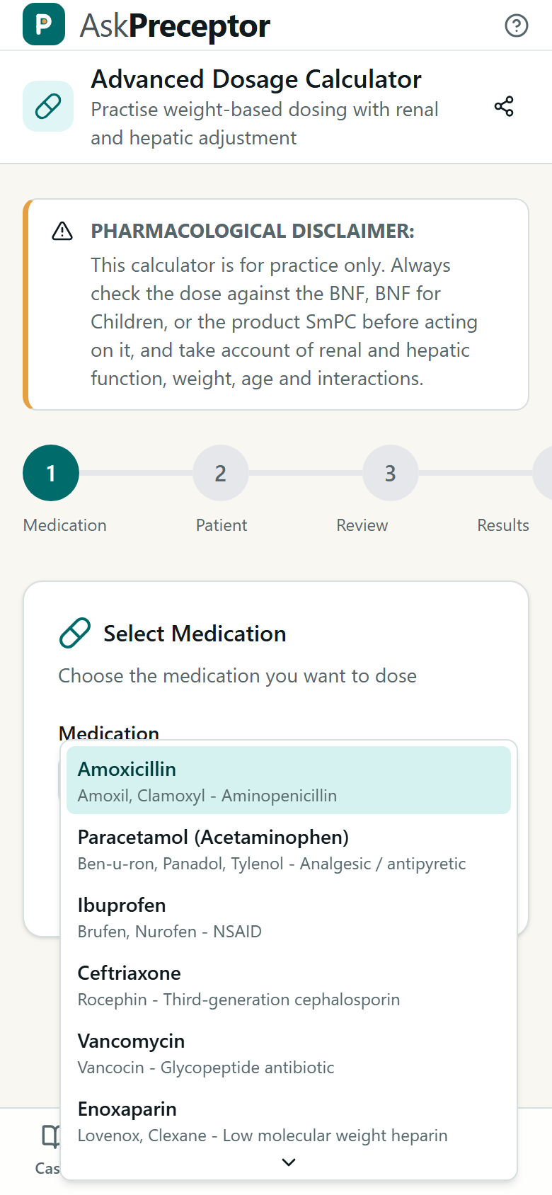 The drug list, which is also the honest answer to what this tool covers: these, and not everything.